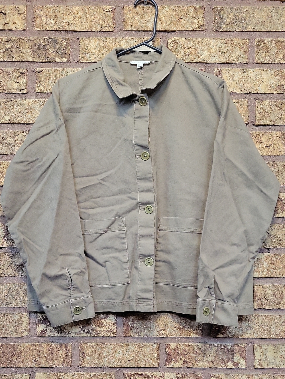 Eileen Fisher Organic Cotton Hemp Jacket Medium Boxy Fit Olive Green Stretch